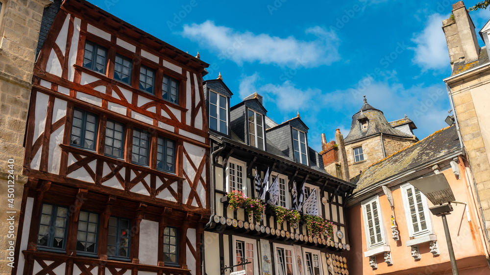 Traditional wooden houses of the medieval town of Quimper in the department of Finisterre. French Brittany, France