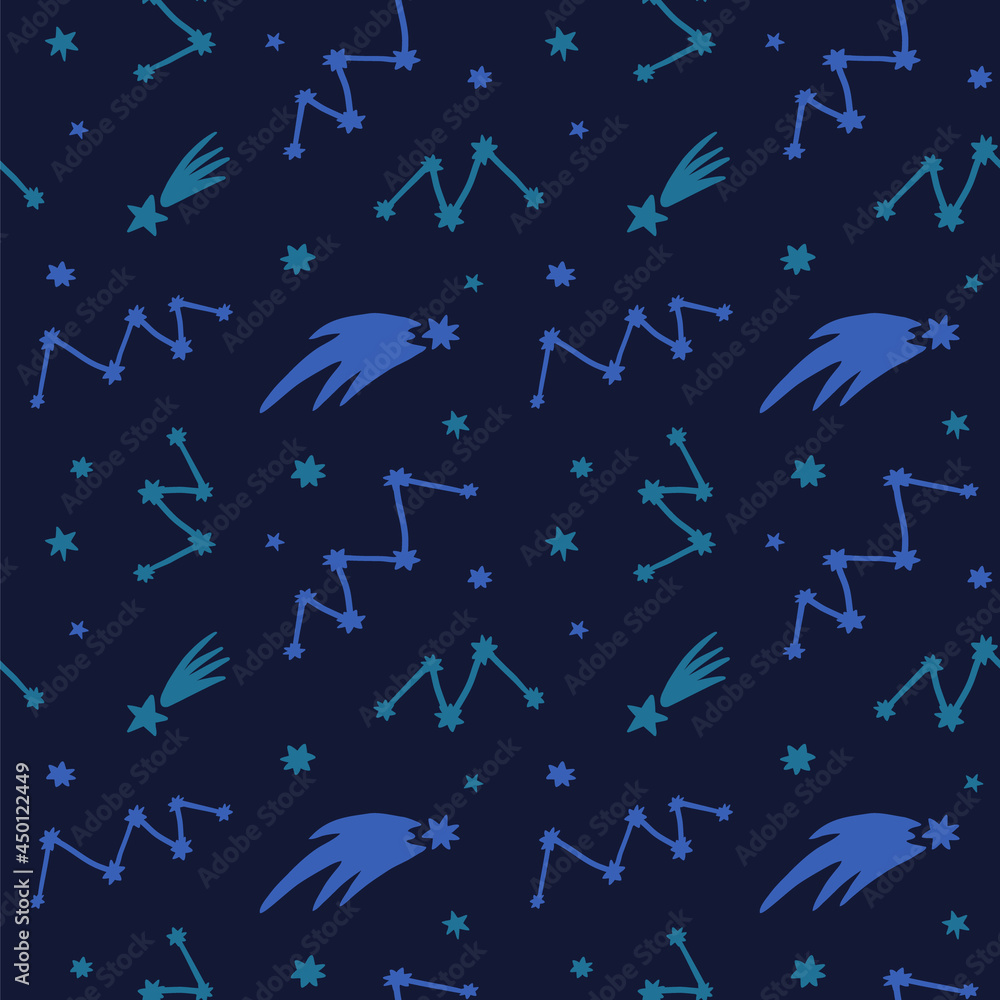 Vector space seamless pattern with hand drawn cosmic elements: star, constellations, comets. Flat kids vector illustration on dark background. Vector space seamless pattern with hand drawn cosmic elements: star, constellations, comets. Flat kids vector illustration on dark background.