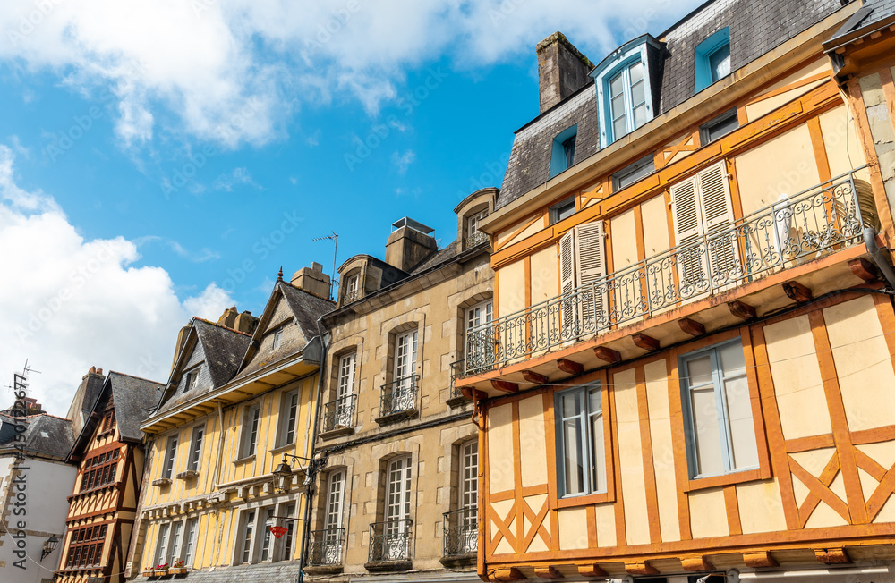 Old wooden colored houses in the medieval village of Quimper in the Finisterre department. French Brittany, France