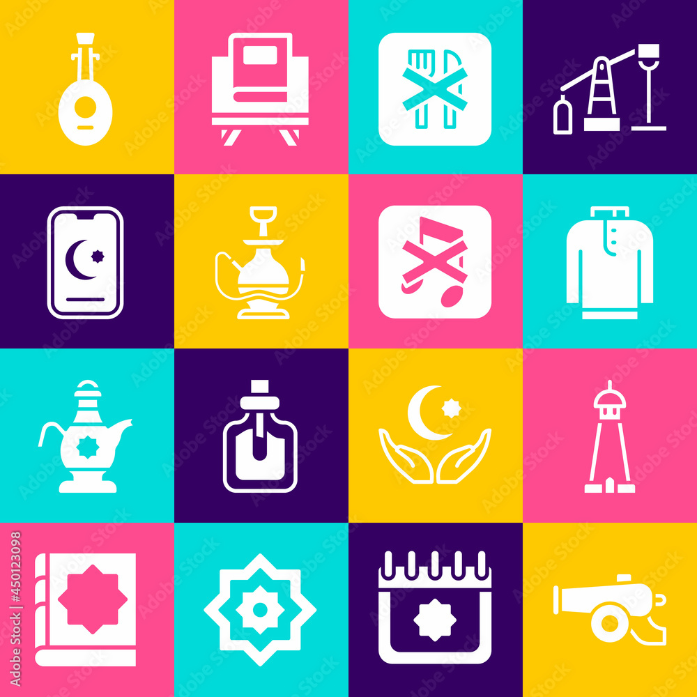 Set Ramadan cannon, Mosque tower or minaret, Shirt kurta, fasting, Hookah, Star and crescent, Lute and Speaker mute icon. Vector Set Ramadan cannon, Mosque tower or minaret, Shirt kurta, fasting, Hookah, Star and crescent, Lute and Speaker mute icon. Vector