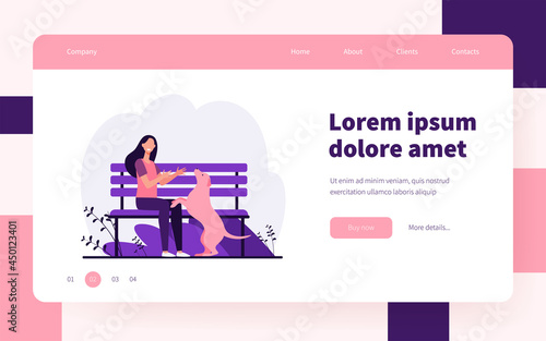 Woman walking dog in park. Girl playing with her pet outside. Flat vector illustration. Domestic animal, dog training, leisure concept for banner, website design or landing web page