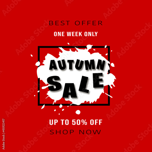 One week autumn sale banner. Geometric Liquid shape banner. Sale offer price sign. Discount text. Shadow paper cut badge. Art brush acrylic drop paint abstract texture background poster illustration. 