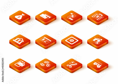 Set Mobile banking, Coin money with dollar, Bank building, Online, Scissors cutting credit card, Safe, Car leasing percent and House percant discount icon. Vector