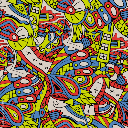 Cute abstract doodle artistic sketch seamless pattern.  Background with crazy messy doodle art with different shapes  curls. Fantasy texture  textile  wrap  fabric.