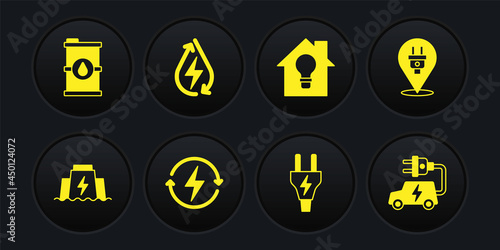Set Hydroelectric dam, Electric plug, Recharging, Smart house and light bulb, Water energy, car and Bio fuel barrel icon. Vector