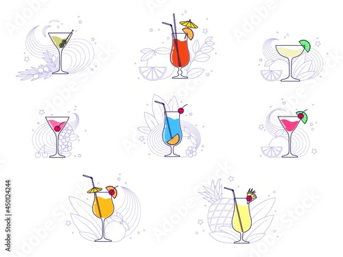 Alcoholic cocktail collection - blue lagoon, manhattan, martini, tequila sunrise, pina colada, margarita, sex on the beach, cosmopolitan isolated on white background. Vector illustration