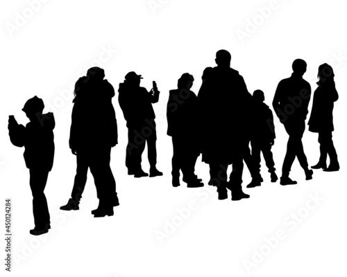Big crowds people on street. Isolated silhouette on a white background
