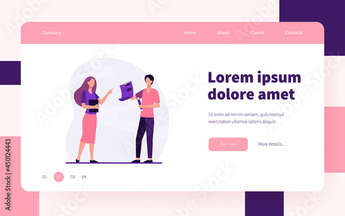 Student giving test to teacher. Intern, tutor, examinee. Flat vector illustration. Education, internship, training, knowledge checking concept for banner, website design or landing web page