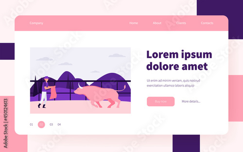 Toreador with red cape training bull. Matador, picador, bullfighting. Flat vector illustration. Corrida, Spain, traditional performers concept for banner, website design or landing web page