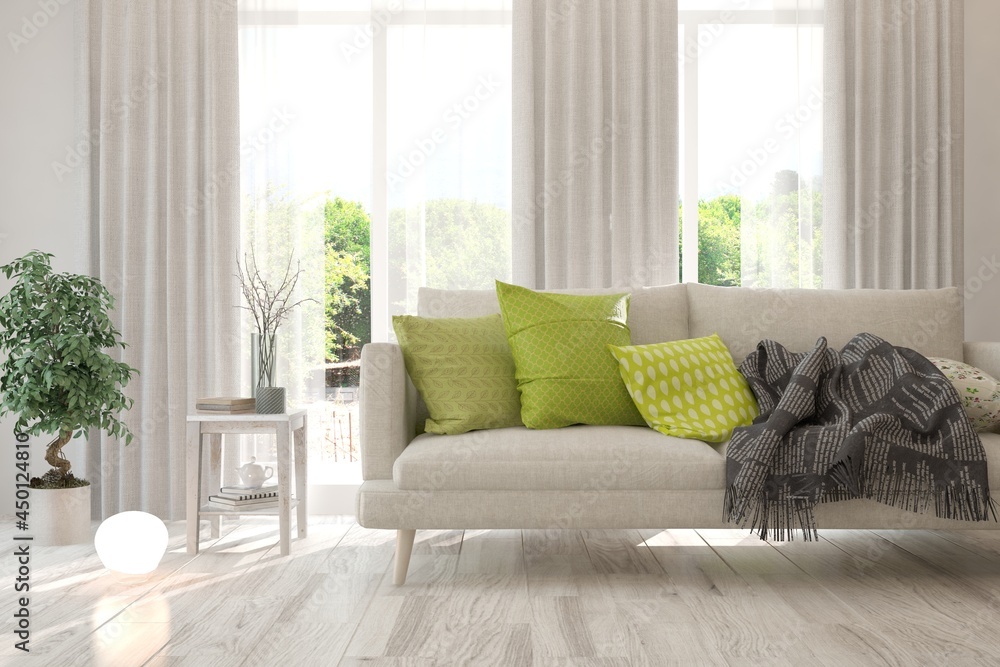 White living room with sofa and summer landscape in window. Scandinavian interior design. 3D illustration White living room with sofa and summer landscape in window. Scandinavian interior design. 3D illustration