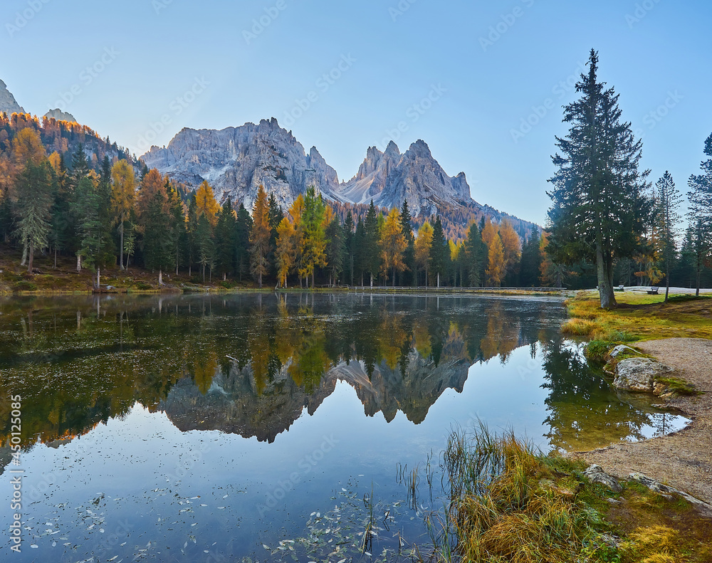 Majestic landscape of Antorno lake with famous Dolomites mountain peak of Tre Cime di Lavaredo, Italy Europe.