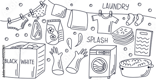 Laundry items doodle set: washing machine, washing powder, board and other, Isolated vector illustration.