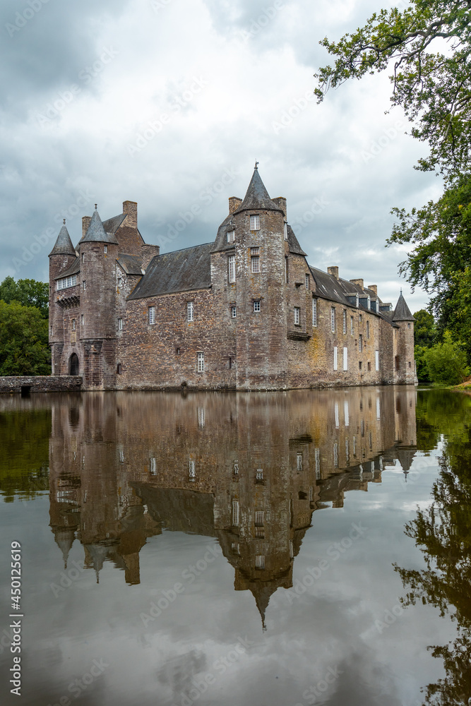 Reflections of the medieval Chateau Trecesson in the lake, Campénéac commune in the Morbihan department, near the Broceliande forest.