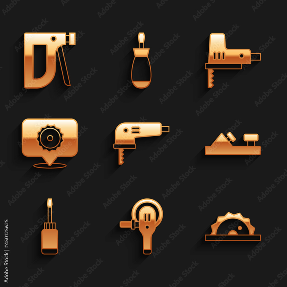 Set Electric jigsaw, Angle grinder, circular, Wood plane tool, Screwdriver, Circular blade, and Construction stapler icon. Vector Set Electric jigsaw, Angle grinder, circular, Wood plane tool, Screwdriver, Circular blade, and Construction stapler icon. Vector