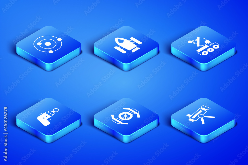 Set Telescope, Solar system, Cosmic ship, Ray gun, Rocket and Mars rover icon. Vector Set Telescope, Solar system, Cosmic ship, Ray gun, Rocket and Mars rover icon. Vector