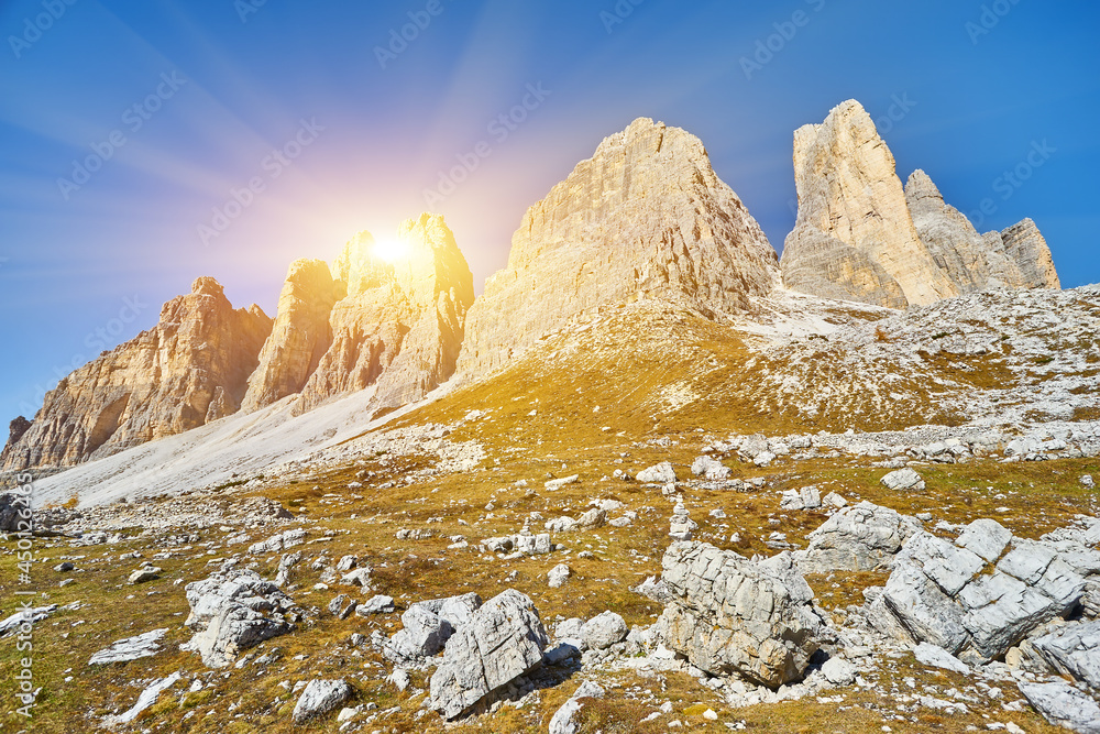 famous peaks of Tre Cime di Lavaredo National park, UNESCO world heritage site in Dolomites, Italy