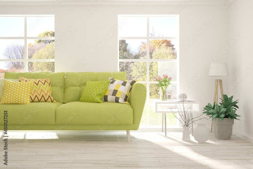 Stylish room in white color with sofa and autumn landscape in window. Scandinavian interior design. 3D illustration Stylish room in white color with sofa and autumn landscape in window. Scandinavian interior design. 3D illustration