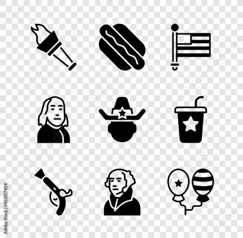 Set Torch flame, Hotdog sandwich, American flag, Vintage pistols, George Washington, Balloons, Benjamin Franklin and Sheriff cowboy icon. Vector