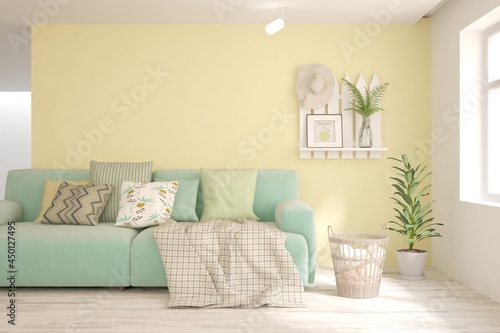 Yellow living room with sofa. Scandinavian interior design. 3D illustration