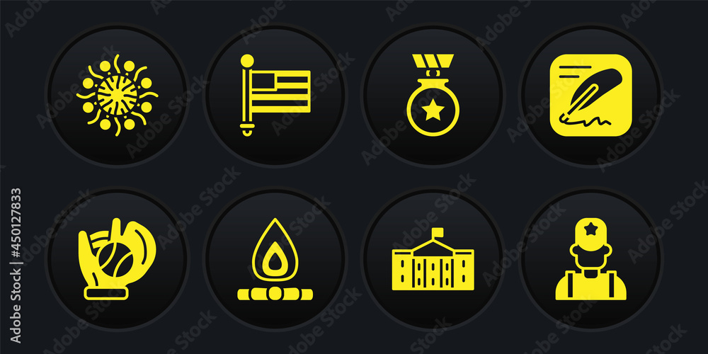 Set Baseball glove with ball, Declaration of independence, Campfire, United States Capitol Congress, Medal star, American flag, Sheriff cowboy and Firework icon. Vector Set Baseball glove with ball, Declaration of independence, Campfire, United States Capitol Congress, Medal star, American flag, Sheriff cowboy and Firework icon. Vector