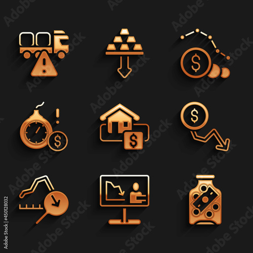 Set Hanging sign with Sale, Global economic crisis news, Glass money jar coin, Dollar rate decrease, Money bomb dollar, and Stop delivery cargo truck icon. Vector
