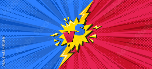 Superhero halftoned background with lightning. Versus comic design with yellow flash. Vector illustration backdrop