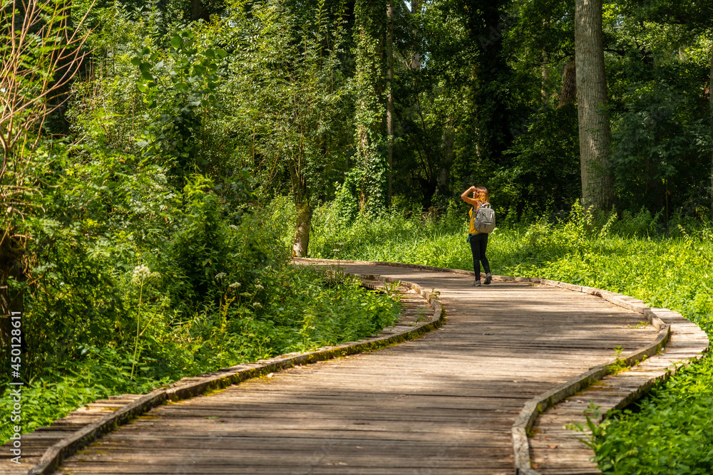 A young woman walking on the trek on the trail between La Garette and Coulon, Marais Poitevin the Green Venice, near the town of Niort, France