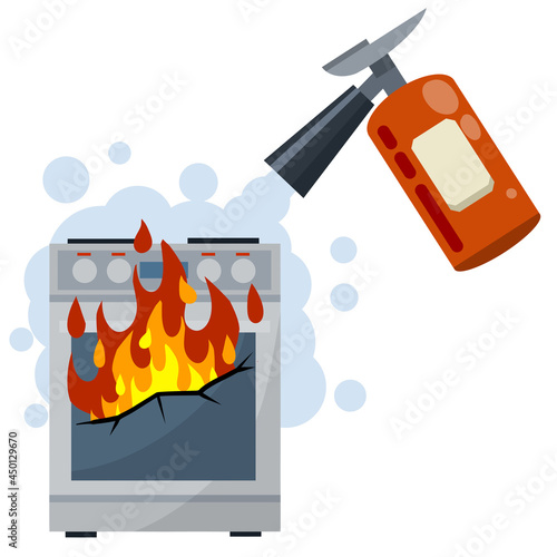 Fire fighting. Job of firefighter. Broken appliances stove. Red fire extinguisher. The danger and problem with the cooking