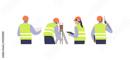 Surveyor engineers with equipment, theodolite or total positioning station on the construction site. Vector illustration.
