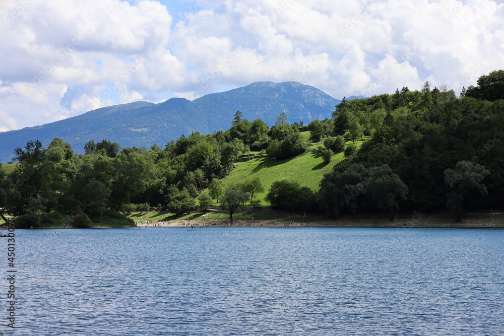 Tenno Italy August 2021 View of Lake Tenno and the mountains in beautiful weather with blue sky 