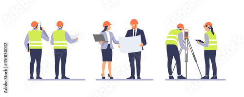 Business team in protective helmets discussing construction project. Surveyor engineers with equipment, theodolite or total positioning station on the construction site.. Vector illustration. photo