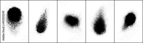 Set of black grainy texture isolated on white background. Dust overlay. Dark noise granules. Digitally generated image. Vector design elements. Illustration, Eps 10.