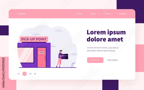 Customer carrying box from delivery service office. Pickup point, person receiving parcel, receiver. Flat vector illustration. Logistic, shipping concept for banner, website design or landing web page