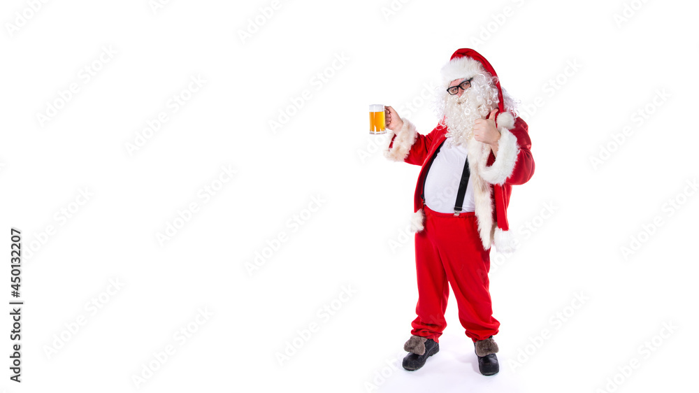 Funny Santa Claus drinks beer.