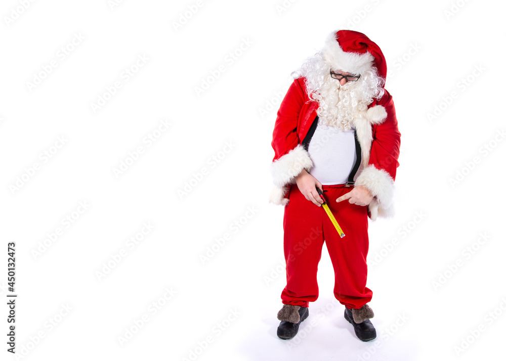 Santa Claus pointing at tape measure over front of pants Santa Claus pointing at tape measure over front of pants