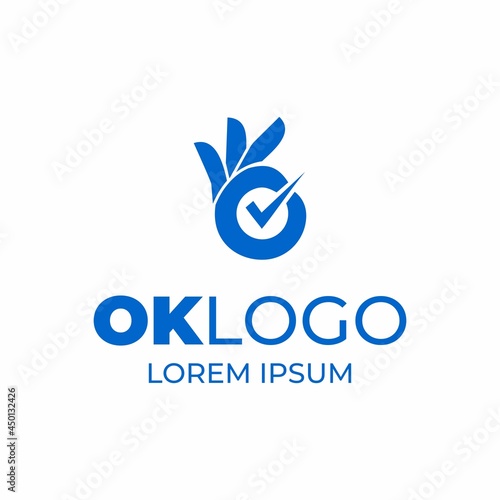 Ok logo template. Hand okay and checkmark sign.