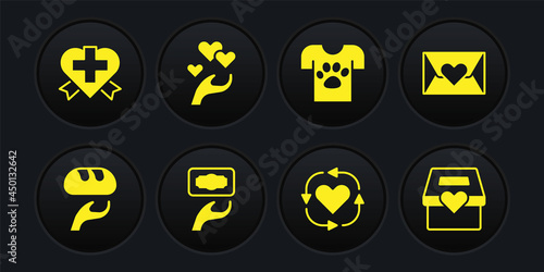 Set Donation food, Envelope with heart, and charity, Volunteer, Animal volunteer, Heart in hand, and cross icon. Vector