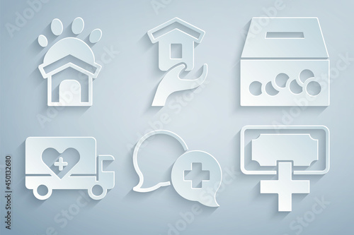 Set Dialogue with doctor, Donation and charity, Humanitarian truck, Shelter for homeless and Animal shelter house icon. Vector
