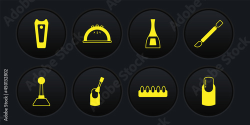 Set Milling cutter for manicure, Cuticle pusher, Nail, False nails, Bottle of polish, Manicure lamp, and icon. Vector