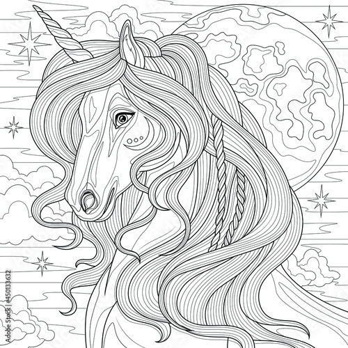 Unicorn and moon.Coloring book antistress for children and adults. Illustration isolated on white background.Zen-tangle style.