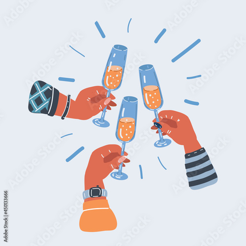Vector illustration of Hands of three woman toasting with champagne at party