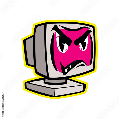 Screaming face on computer screen emoticon. Angry digital device emoji symbol. Social communication and chatting. Frenzied monitor showing facial emotion. Animated flat display vector illustration in