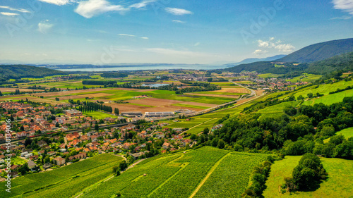 Luftbildaufnahme vom den Städten Neuenstadt und Le Landeron am Bieler See, Schweiz (August 2021)