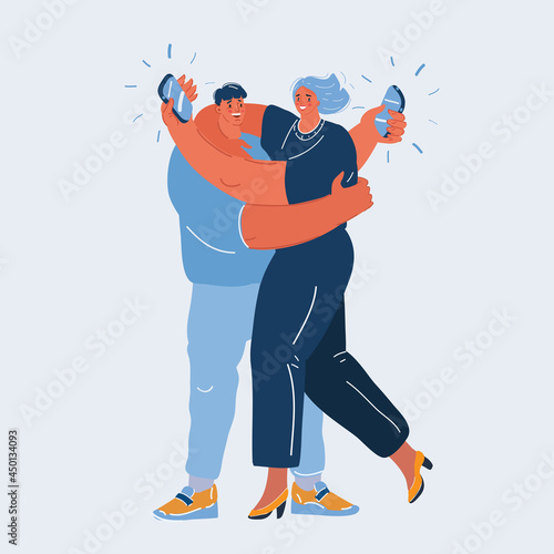 Vector illustration of Couple of cheaters hugging and texting someone else on their smart phones
