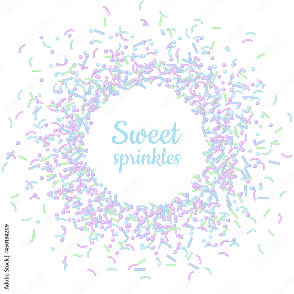 Vector realistic confectionery sprinkles background with copy space. Festive banner with place for text surrounded sweet confetti in pastel colors Vector realistic confectionery sprinkles background with copy space. Festive banner with place for text surrounded sweet confetti in pastel colors
