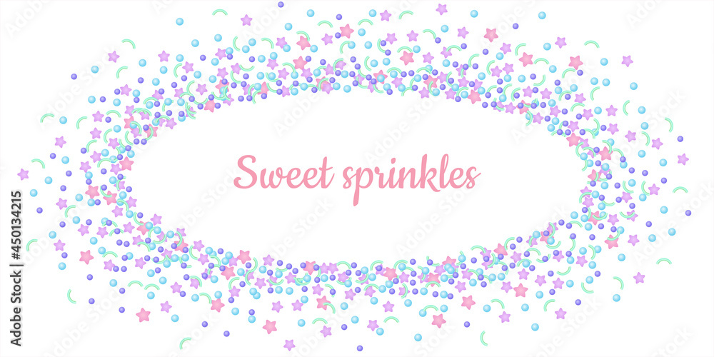Vector realistic confectionery sprinkles background with copy space. Festive banner with place for text surrounded sweet confetti in pastel colors Vector realistic confectionery sprinkles background with copy space. Festive banner with place for text surrounded sweet confetti in pastel colors