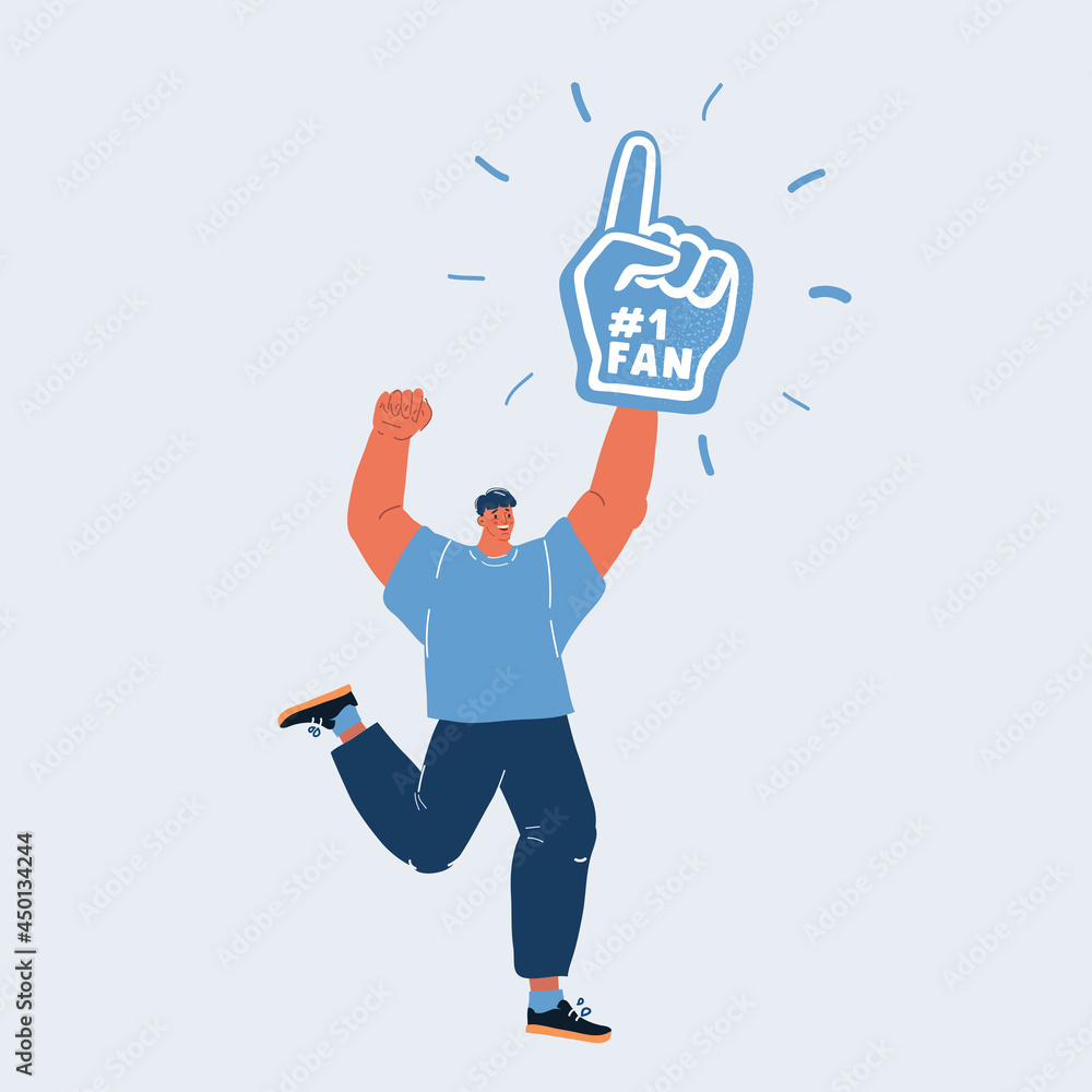 Vector illustration of Excited fan. Man with big blue fan glove over dark backround. Vector illustration of Excited fan. Man with big blue fan glove over dark backround.