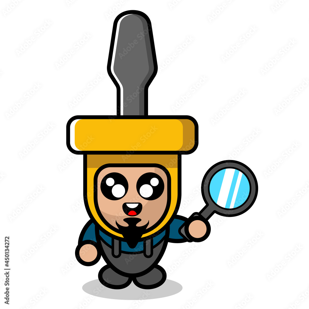 vector simple cute cartoon character screwdriver doodle mascot costume holding a magnifying glass vector simple cute cartoon character screwdriver doodle mascot costume holding a magnifying glass
