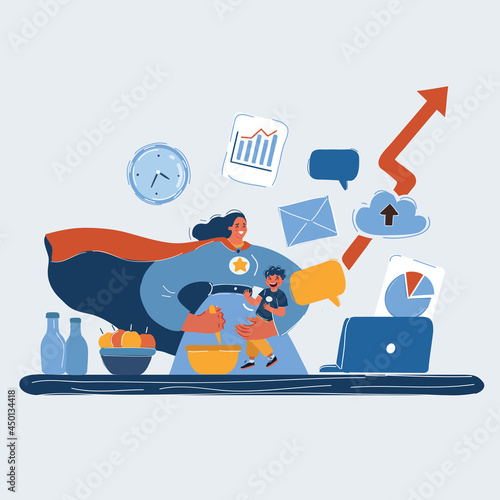 Vector illustration of Busy mother with baby, multitask working remotely, cooking. Motherhood superhero.