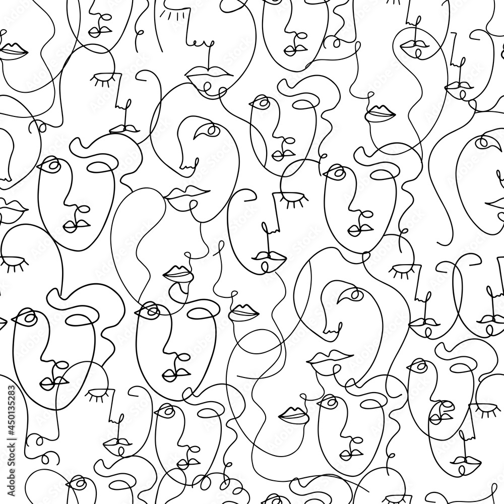 Vector abstract seamless pattern. One line art. Faces. Vector illustration.